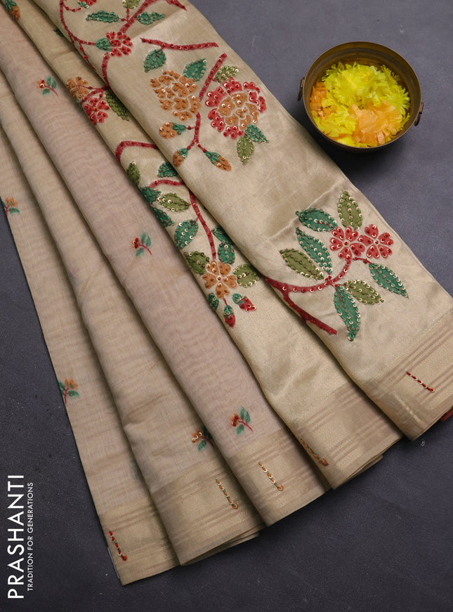 Jamdhani cotton saree sandal and orange with thread woven buttas & embroidery work and embroidery jamdhani pallu