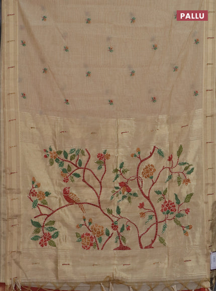 Jamdhani cotton saree sandal and orange with thread woven buttas & embroidery work and embroidery jamdhani pallu