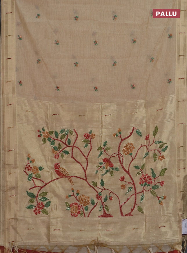 Jamdhani cotton saree sandal and orange with thread woven buttas & embroidery work and embroidery jamdhani pallu