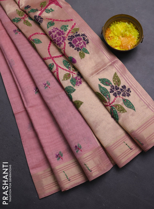 Jamdhani cotton saree pech pink with thread woven buttas & embroidery work and embroidery jamdhani pallu