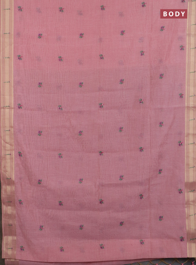 Jamdhani cotton saree pech pink with thread woven buttas & embroidery work and embroidery jamdhani pallu