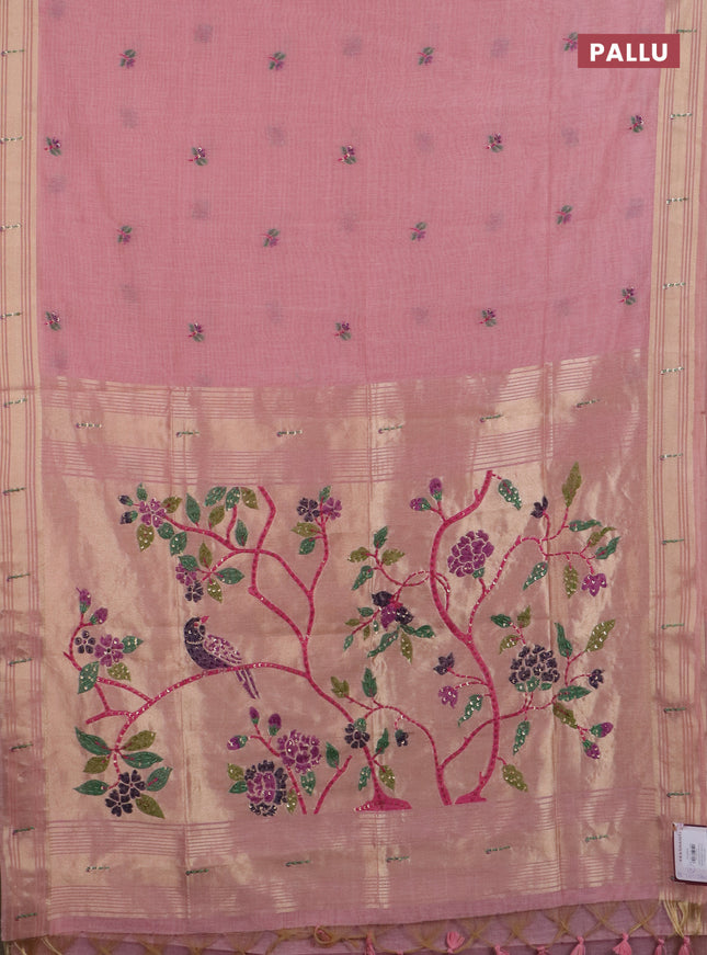 Jamdhani cotton saree pech pink with thread woven buttas & embroidery work and embroidery jamdhani pallu