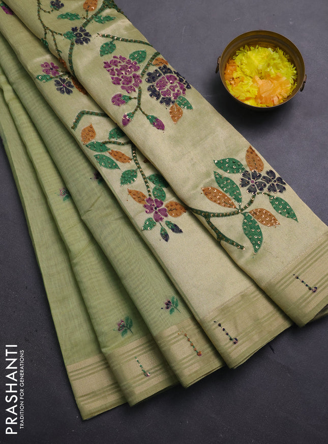 Jamdhani cotton saree pista green with thread woven buttas & embroidery work and embroidery jamdhani pallu