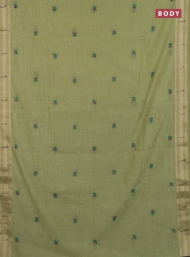 Jamdhani cotton saree pista green with thread woven buttas & embroidery work and embroidery jamdhani pallu