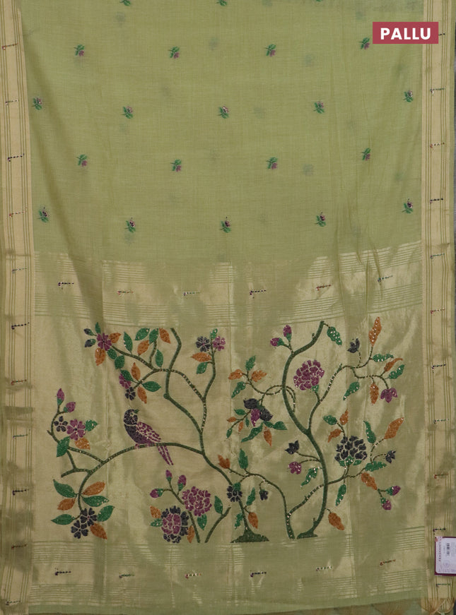 Jamdhani cotton saree pista green with thread woven buttas & embroidery work and embroidery jamdhani pallu