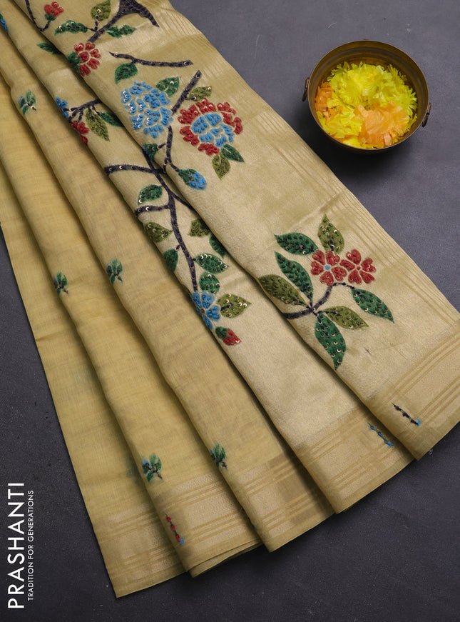 Jamdhani cotton saree pale yellow with thread woven buttas & embroidery work and embroidery jamdhani pallu