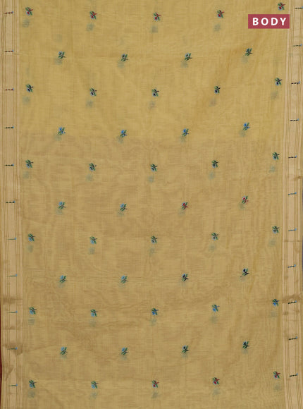 Jamdhani cotton saree pale yellow with thread woven buttas & embroidery work and embroidery jamdhani pallu