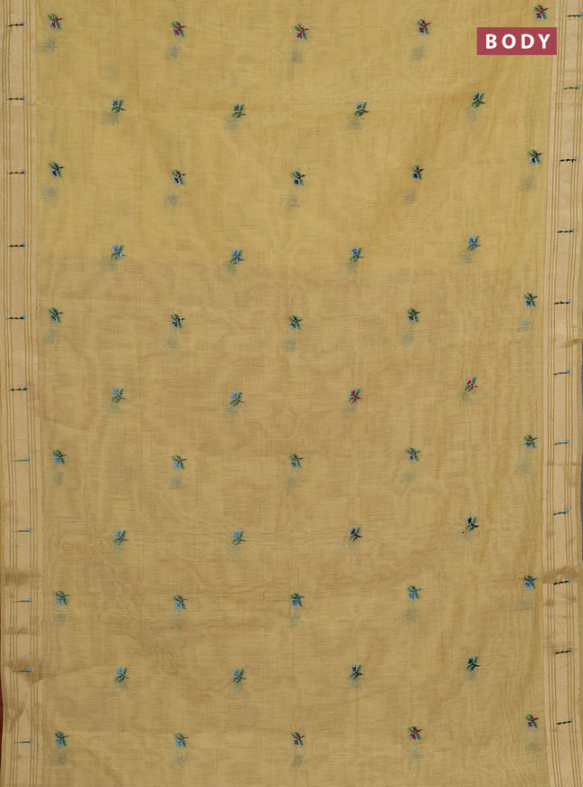Jamdhani cotton saree pale yellow with thread woven buttas & embroidery work and embroidery jamdhani pallu