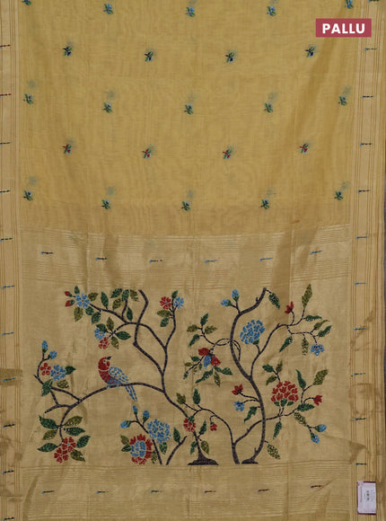 Jamdhani cotton saree pale yellow with thread woven buttas & embroidery work and embroidery jamdhani pallu
