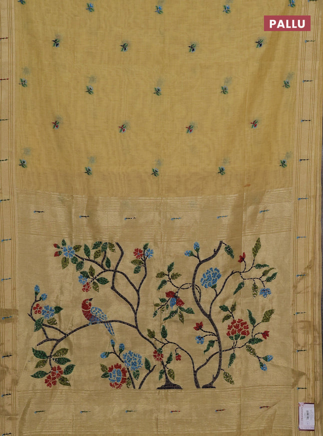 Jamdhani cotton saree pale yellow with thread woven buttas & embroidery work and embroidery jamdhani pallu