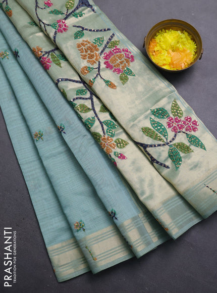 Jamdhani cotton saree teal blue with thread woven buttas & embroidery work and embroidery jamdhani pallu