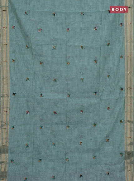 Jamdhani cotton saree teal blue with thread woven buttas & embroidery work and embroidery jamdhani pallu