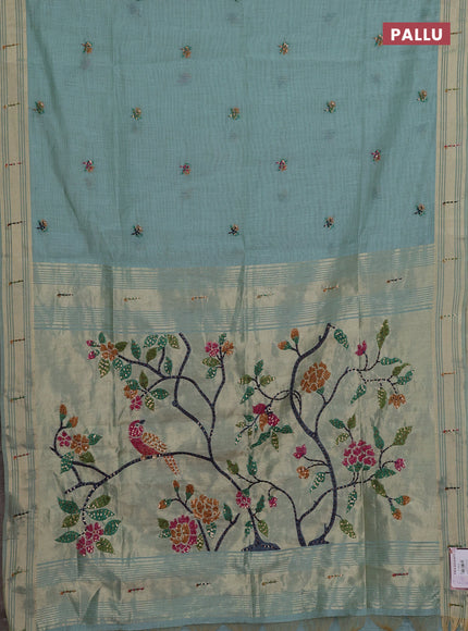 Jamdhani cotton saree teal blue with thread woven buttas & embroidery work and embroidery jamdhani pallu