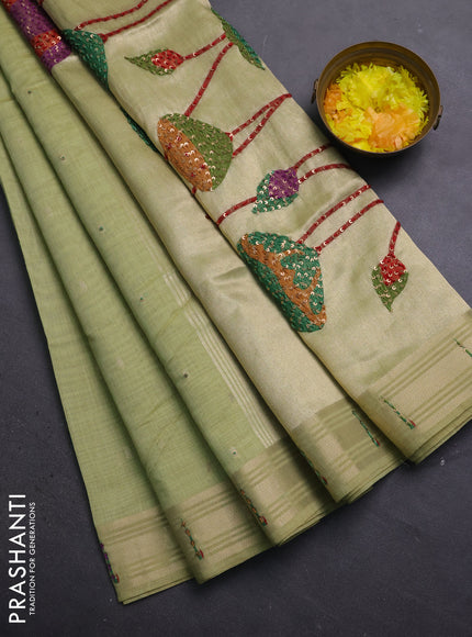 Jamdhani cotton saree pista green with thread woven buttas & embroidery work and embroidery jamdhani pallu
