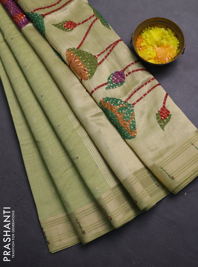 Jamdhani cotton saree pista green with thread woven buttas & embroidery work and embroidery jamdhani pallu