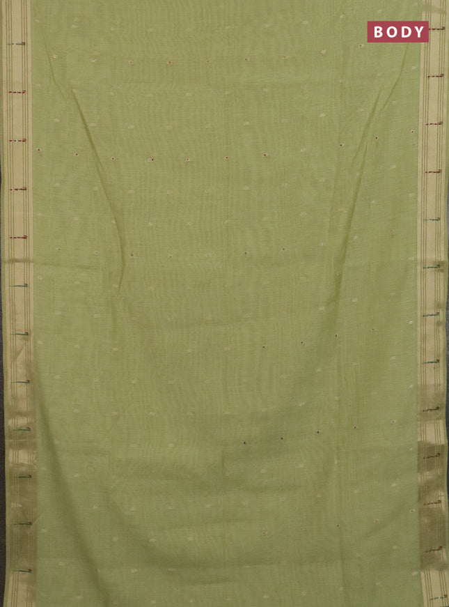 Jamdhani cotton saree pista green with thread woven buttas & embroidery work and embroidery jamdhani pallu