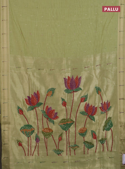 Jamdhani cotton saree pista green with thread woven buttas & embroidery work and embroidery jamdhani pallu