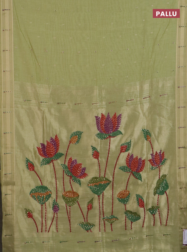 Jamdhani cotton saree pista green with thread woven buttas & embroidery work and embroidery jamdhani pallu