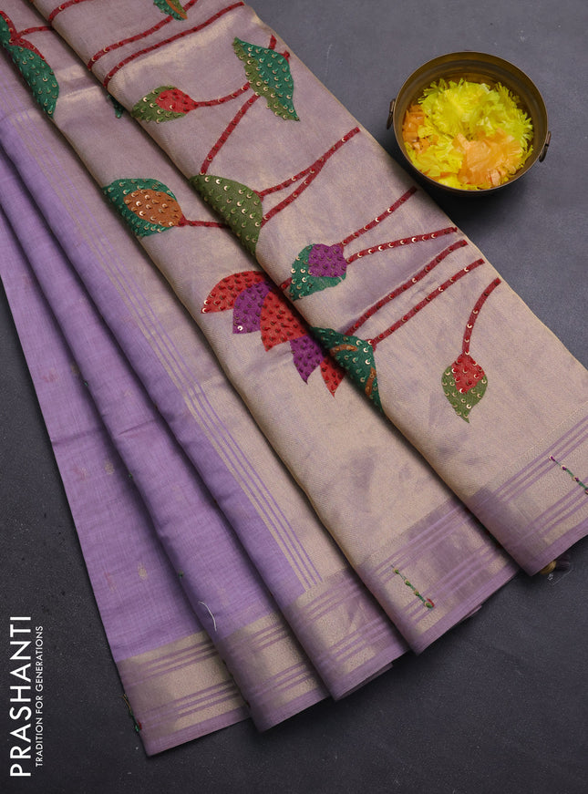 Jamdhani cotton saree lavender with thread woven buttas & embroidery work and embroidery jamdhani pallu