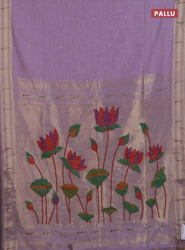 Jamdhani cotton saree lavender with thread woven buttas & embroidery work and embroidery jamdhani pallu