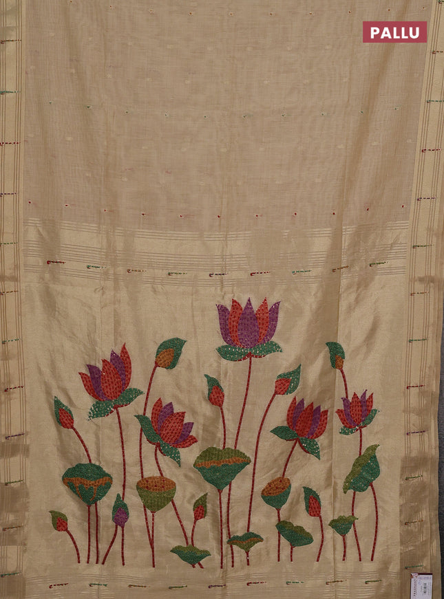Jamdhani cotton saree sandal with thread woven buttas & embroidery work and embroidery jamdhani pallu