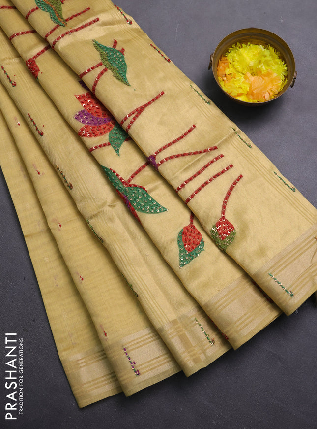 Jamdhani cotton saree pale yellow with thread woven buttas & embroidery work and embroidery jamdhani pallu