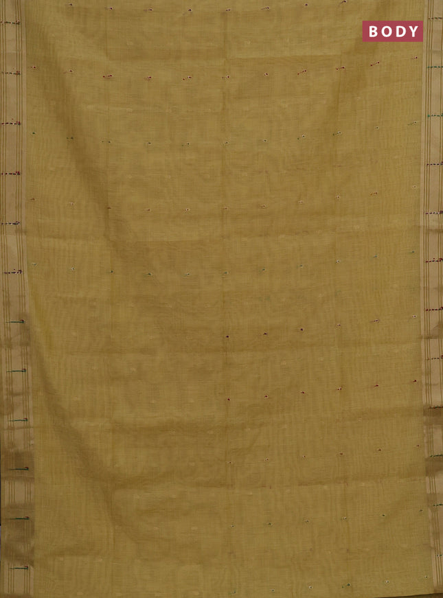 Jamdhani cotton saree pale yellow with thread woven buttas & embroidery work and embroidery jamdhani pallu