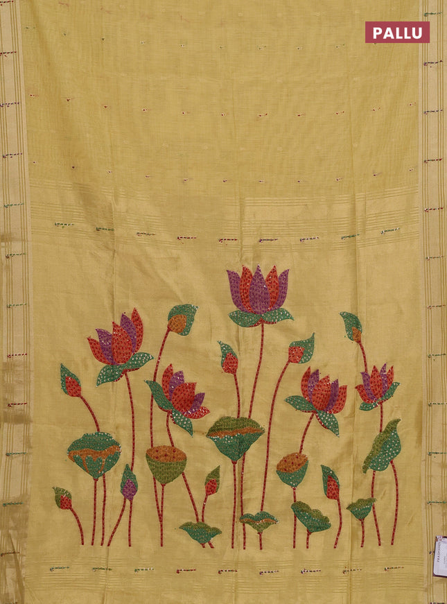Jamdhani cotton saree pale yellow with thread woven buttas & embroidery work and embroidery jamdhani pallu