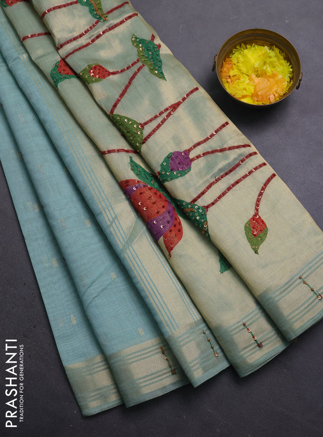 Jamdhani cotton saree teal blue with thread woven buttas & embroidery work and embroidery jamdhani pallu