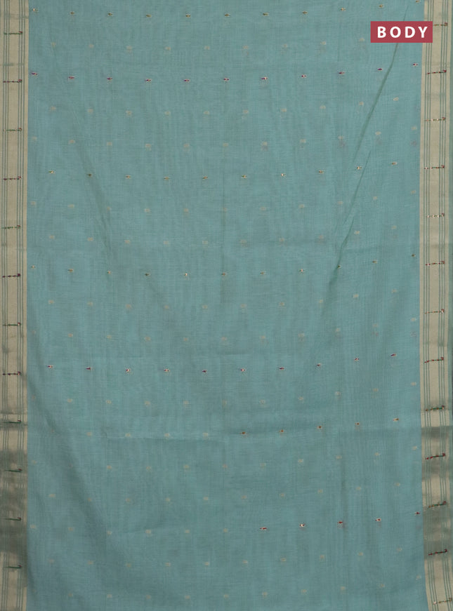 Jamdhani cotton saree teal blue with thread woven buttas & embroidery work and embroidery jamdhani pallu
