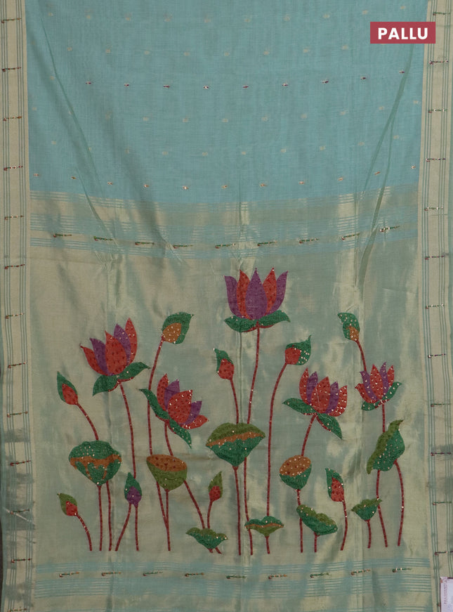 Jamdhani cotton saree teal blue with thread woven buttas & embroidery work and embroidery jamdhani pallu