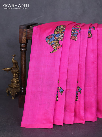 Silk cotton saree pink with kalamkari applique work in borderless style