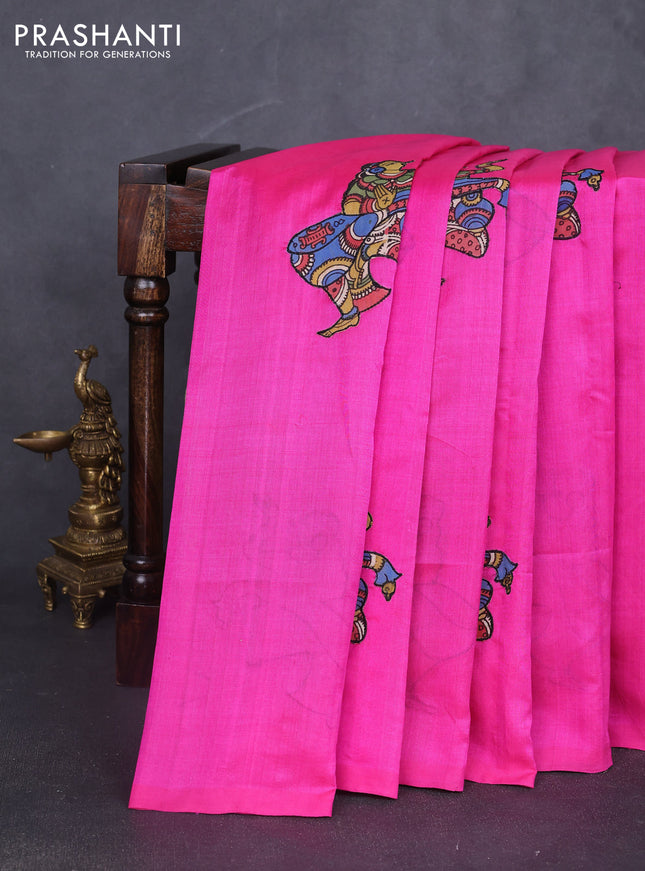 Silk cotton saree pink with kalamkari applique work in borderless style