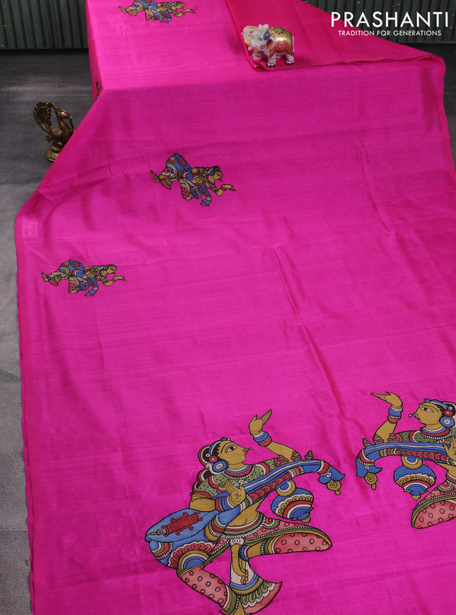Silk cotton saree pink with kalamkari applique work in borderless style