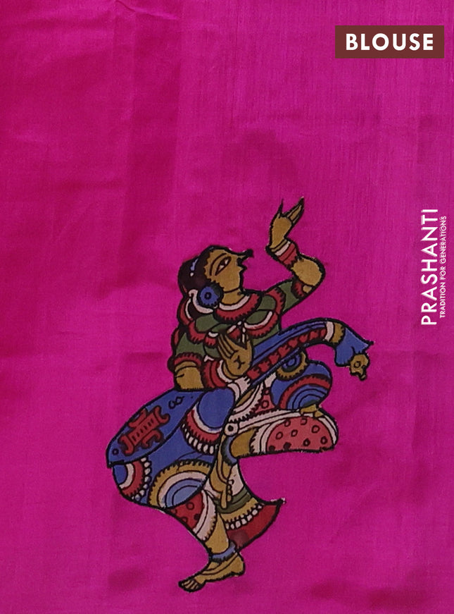 Silk cotton saree pink with kalamkari applique work in borderless style