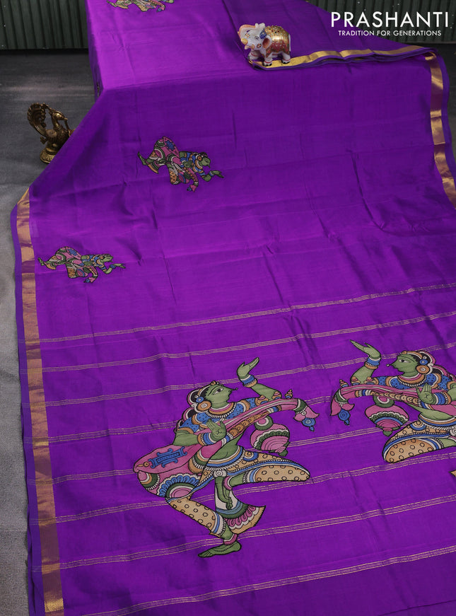 Silk cotton saree purple with kalamkari applique work and zari woven border