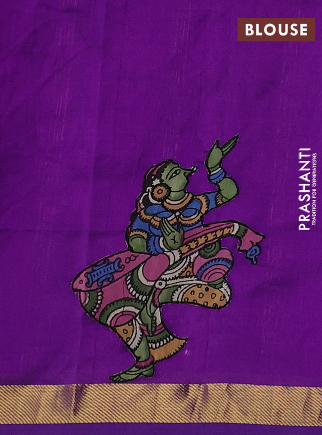 Silk cotton saree purple with kalamkari applique work and zari woven border