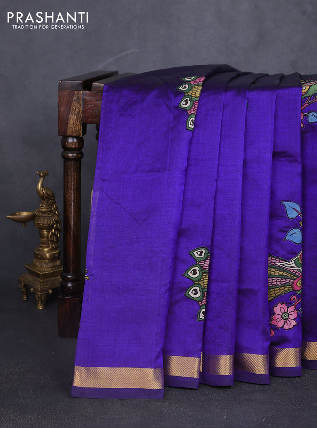 Silk cotton saree blue with kalamkari applique work in borderless style