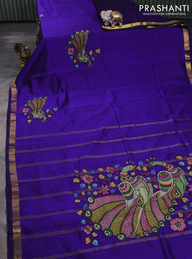 Silk cotton saree blue with kalamkari applique work in borderless style