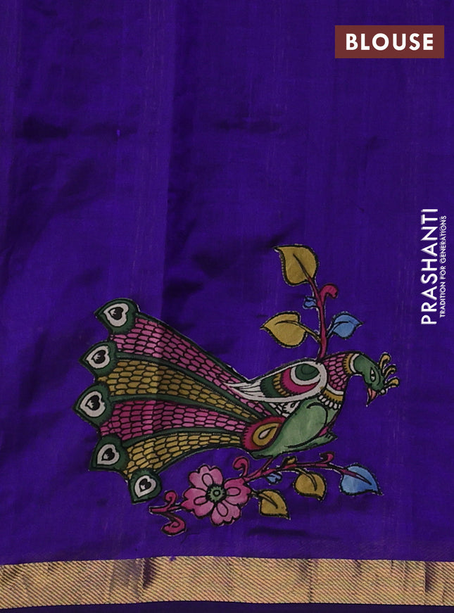 Silk cotton saree blue with kalamkari applique work in borderless style
