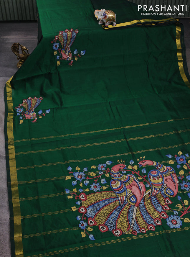 Silk cotton saree bottle green with kalamkari applique work and zari woven border