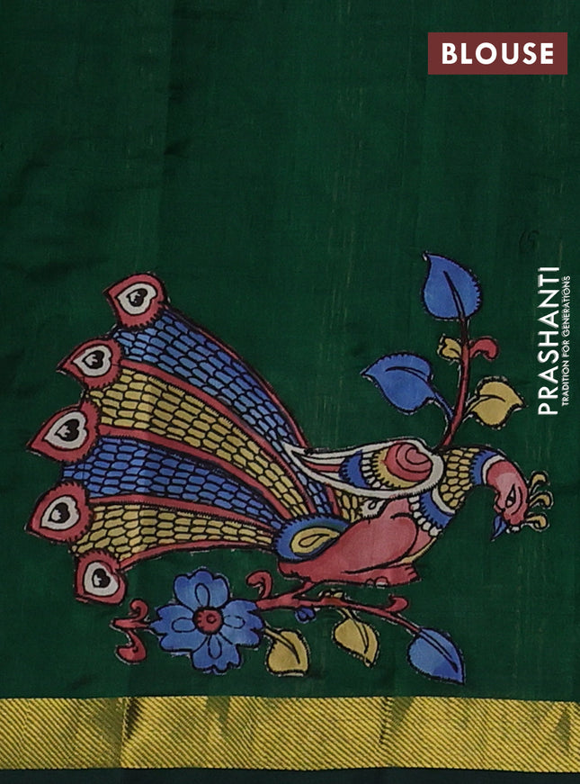 Silk cotton saree bottle green with kalamkari applique work and zari woven border