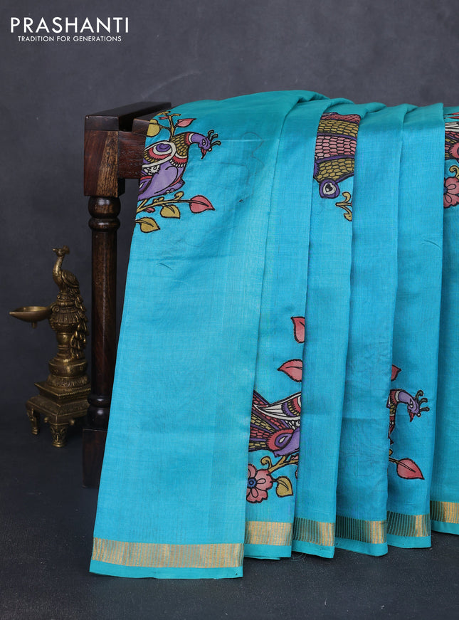 Silk cotton saree teal blue with kalamkari applique work and zari woven border