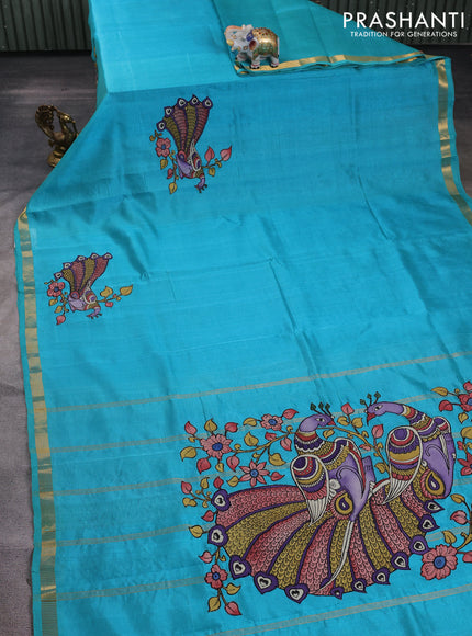 Silk cotton saree teal blue with kalamkari applique work and zari woven border