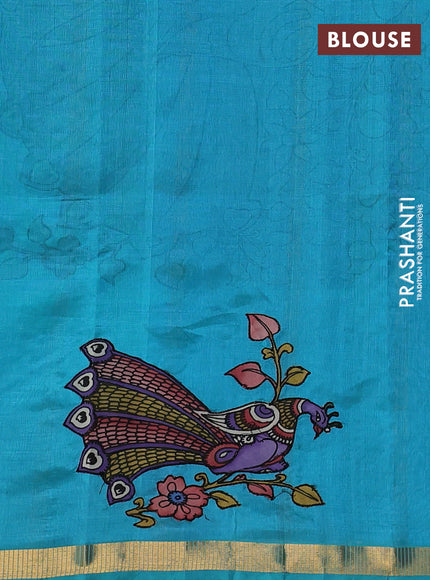 Silk cotton saree teal blue with kalamkari applique work and zari woven border