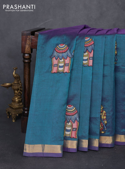Silk cotton saree dual shade of bluish green with kalamkari applique work and zari woven border