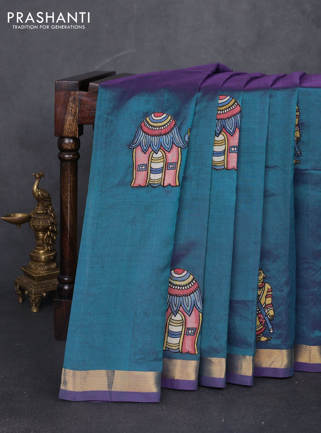 Silk cotton saree dual shade of bluish green with kalamkari applique work and zari woven border