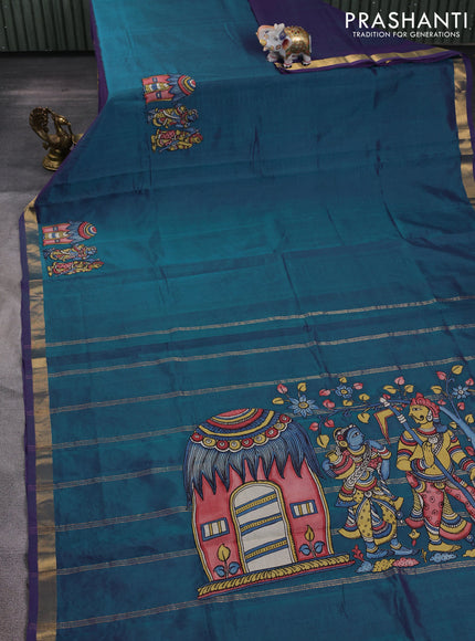Silk cotton saree dual shade of bluish green with kalamkari applique work and zari woven border