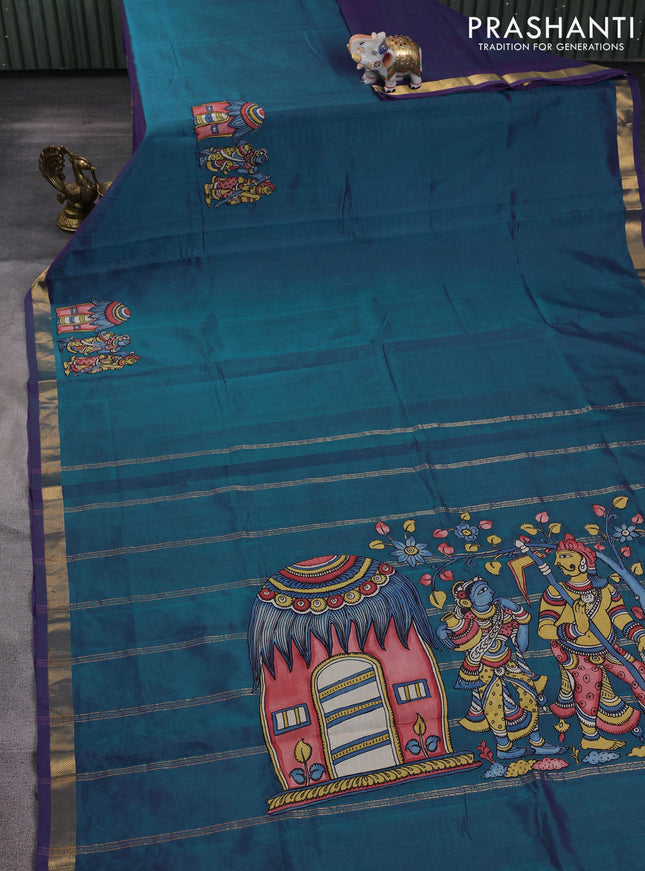Silk cotton saree dual shade of bluish green with kalamkari applique work and zari woven border