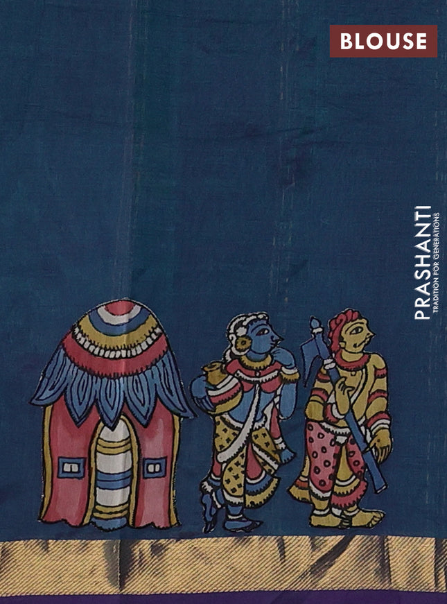 Silk cotton saree dual shade of bluish green with kalamkari applique work and zari woven border